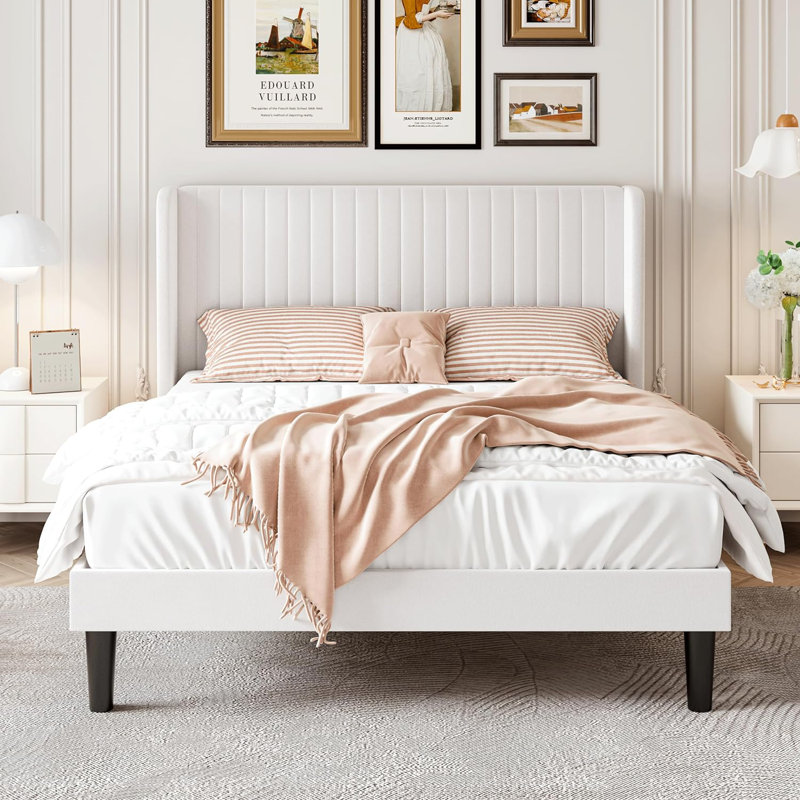 Ophir Queen Size Velvet Bed Frame with Vertical Channel Tufted Wingback Headboard, Upholstered Platform Bed with Wood Slats, No Box Spring Needed, Easy Assembly, White