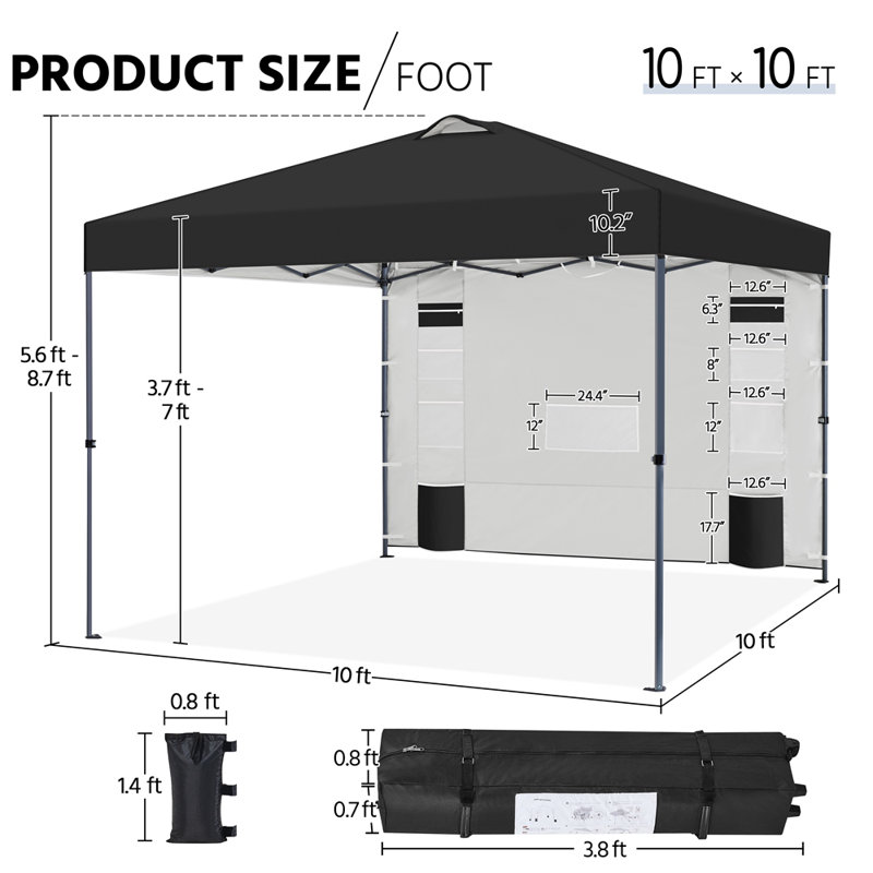 10x10FT Pop-up Canopy Tent with Sidewall and Sandbags, Black