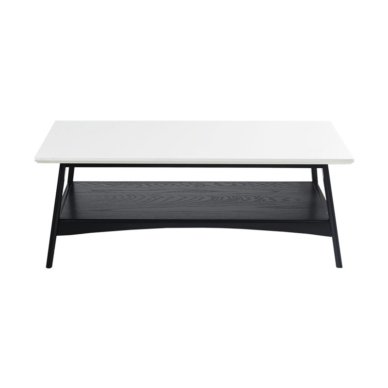 Table basse d'inspiration Mid-Century, en bois massif et, deux tons, et noir, assemblage requis avec tablette de rangement pratique, cadre de table moderne, surface, contraste de tons, utilitaire