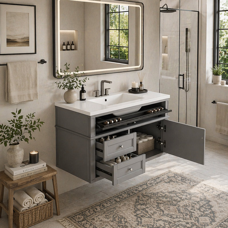 Meuble-lavabo mural 36 po, armoire de rangement flottante avec 2 tiroirs, 1 tiroir basculant, lavabo simple en céramique 3 trous, armoire moderne