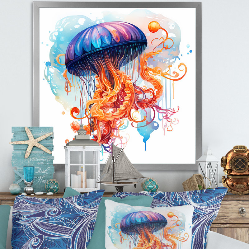 Orange et méduse bleue Jive III - art mural méduse, Silver Picture Framed, H 30 po x l 30 po x P 1,5 po