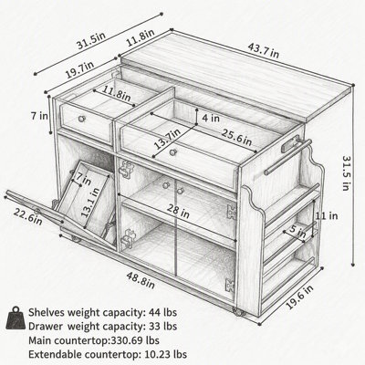 Kitchen Island with Storage, Drop Leaf Extension, Drawers, Spice Rack, and Towel Bar on Lockable Wheels