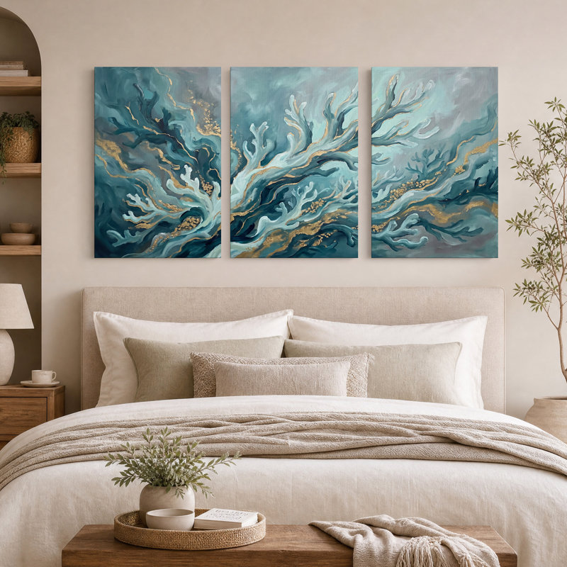 Ensemble de 3 toiles murales abstraites aux formes ramifiées turquoise et or, 18"H x 12"W x 3pcs