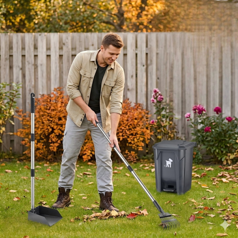 Dog Poop Trash Can Set with Removable Inner Bucket, Long-Handle Rake, 150 Waste Bags, 20L Bin for Small & Large Dog Families