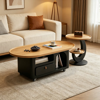 Simple Movable Wood Coffee Table Storage Drawers