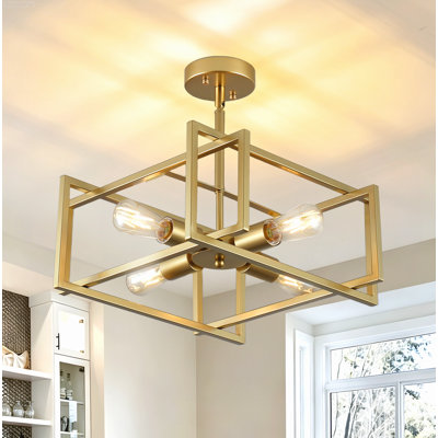Industrial Farmhouse 4-Light Flush Mount Ceiling Light Geometric Open-Frame Chandelier Gold