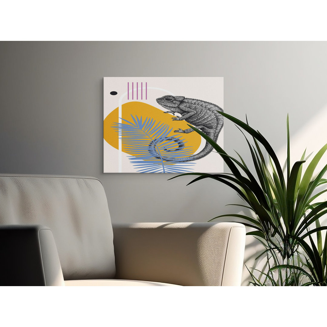Chameleon Wall Art Canvas, Modern Abstract Reptile Print, Boho Tropical Lizard Home Decor, Unique Animal Art with Geometric Shapes