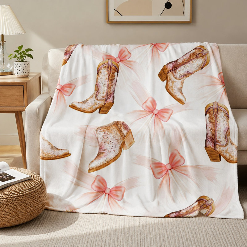 Cowboy Boots with Bows Throw Blanket, Whimsical Cowboy Boots with Bows Pattern, Ultra Soft, Lightweight, Breathable, All-Season, Skin-Friendly, Machine Washable, Decorative, for Sofa, Couch, Living Room and Bedroom