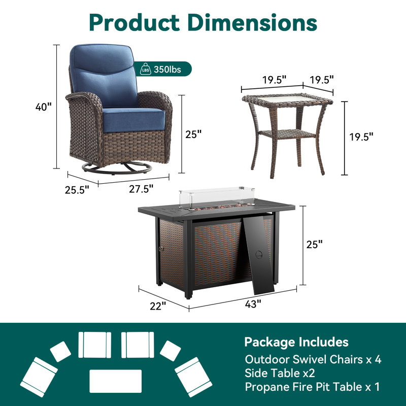 Totnes 4-Person Wicker Patio Rectangle Metal Fire Pit Table Conversation Set With Swivel Gliders And Side Tables, Blue