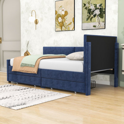 Wood Twin L-Shaped Upholstered Bed with 2 Storage Drawers