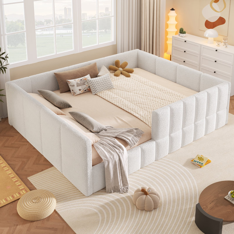 Lit de jour double rembourré avec tissu Boucle de qualité supérieure et structure en bois massif Boucloft, Queen