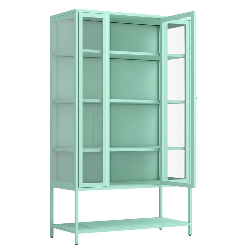 Grande vitrine en fer 67,25 po avec porte en verre et lumières DEL en acier, Cyan