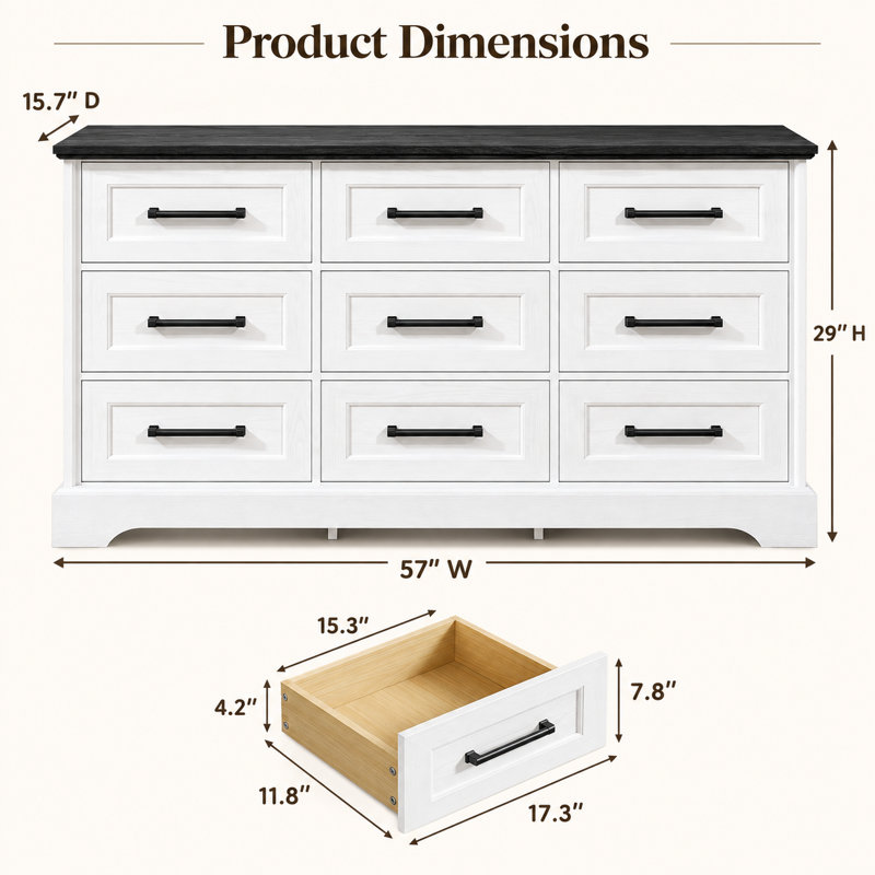 Commode en bois à 9 tiroirs, grand meuble de rangement avec glissières fluides et poignées en métal pour chambre ou salon.