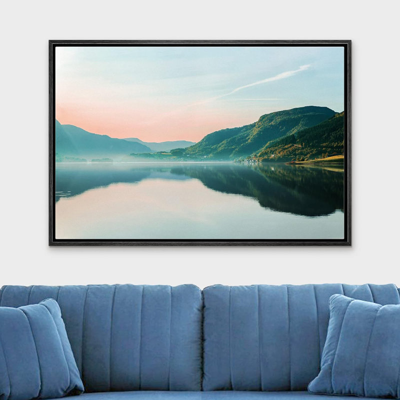 Nature, paysage, pastel, coucher de soleil, ciel, montagne, vallée, lac, sur toile, H 24 po x l 36 po x P 1,5 po, Cadre noir