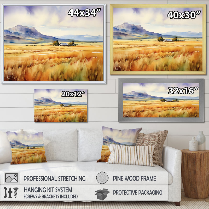 Wyoming, prairies jaunes - art mural Wyoming, H 12 po x l 20 po x P 1 po, Cadre simple noir