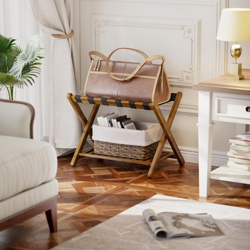 Porte-bagages en bambou, support de valise pliable à 2 niveaux, pour chambre d'amis