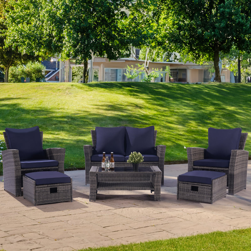Wicker 6 - Person Patio Conversation Set, Navy Blue