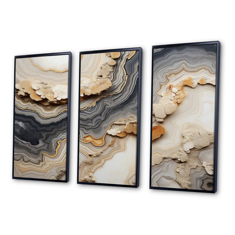 Gris et orange Minimalisme pierre Geode - Ensemble de décoration murale pierre géode, H 28 po x l 36 po, Cadre flottant noir