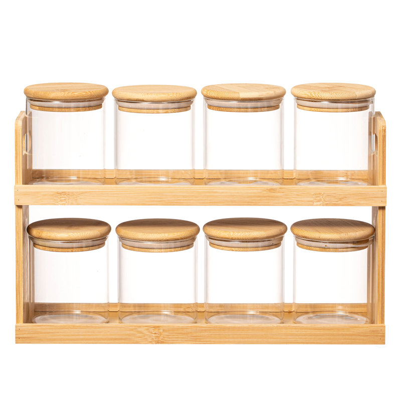 Support à épices et garde-manger polyvalent en bambou à 2 niveaux avec 8 pots en verre - parfait pour le rangement sur le comptoir dans les cuisines afin de garder les récipients d'assaisonnement bien exposés et facilement accessibles
