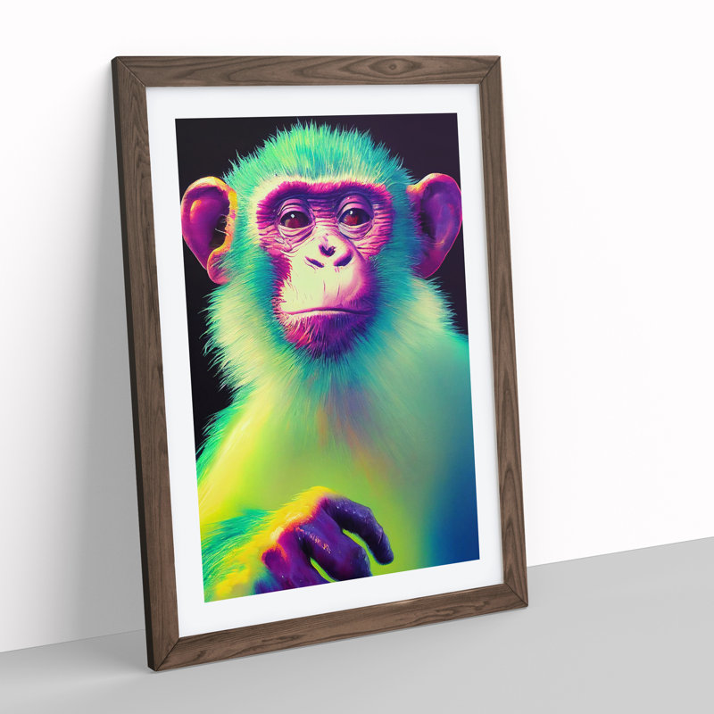 XV1022-2998X Neon Monkey No.1 - Single Picture Frame Print, 34cm H x 25cm W x 2cm D, Walnut