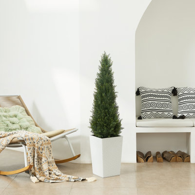 Faux Cedar Topiary Tree 4FT - UV Resistant Fake Cypress Tree with Big Planter and Decorative Plants