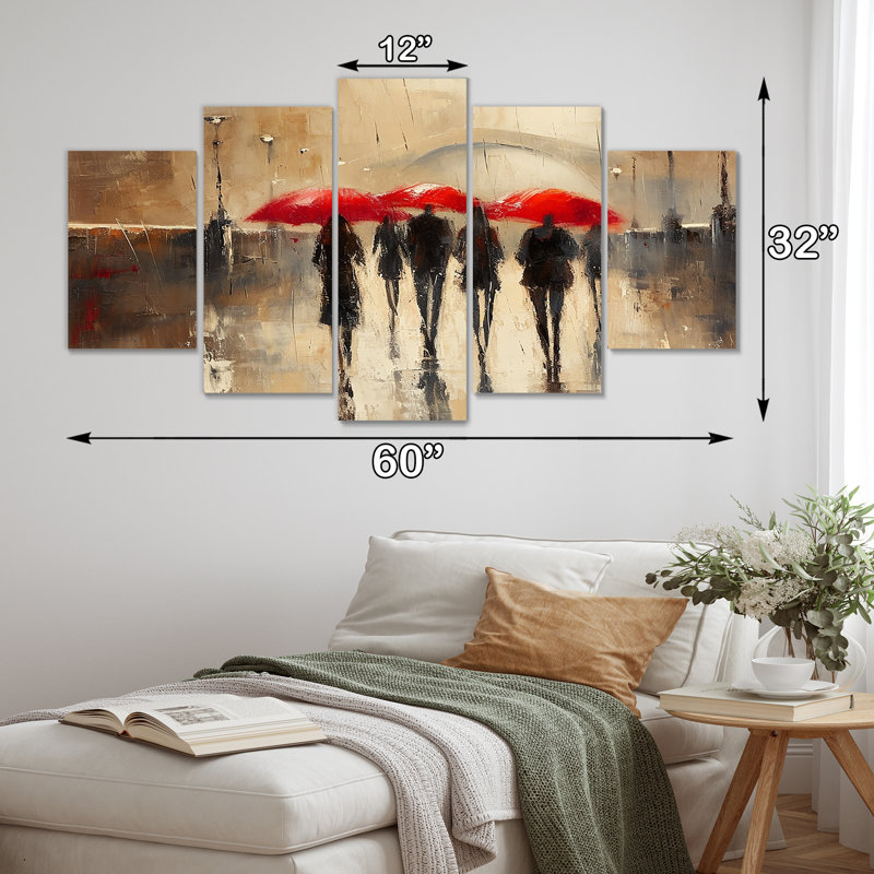 «The Red Umbrellas Rainy Day Bridge Over Seine I - City Paris, art mural sur toile 5 pièces, H 32 po x l 60 po