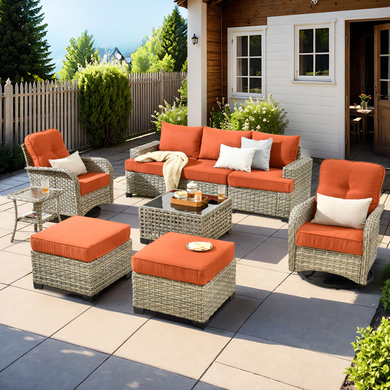 Ensemble de conversation d'extérieur en osier pour 5 personnes avec coussins et repose-pieds Tommy, Rouge
