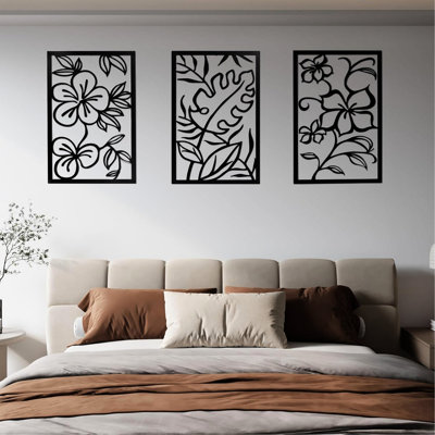 Three Piece Wall Decor In Black Rectangular Metal Frame With Floral Pattern Hollow Out Style, Made From Metal, 3D Cut Design, 0.08 Inch Thickness For Strength And Resistance To Bending, Pre - Fitted