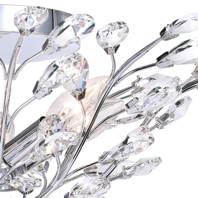 6 Light 22in Flush Mount Ceiling Light Fixture Chrome Finish with Crystal Leaves