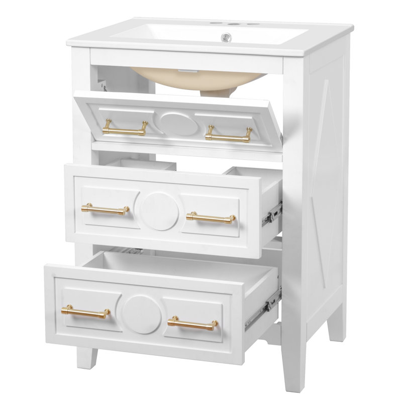 Meuble-lavabo blanc 24 po avec lavabo en céramique 24 po, 3 tiroirs, style rétro élégant, lavabo facile à assembler et structure en bois de pin massif, tiroirs pour un rangement efficace