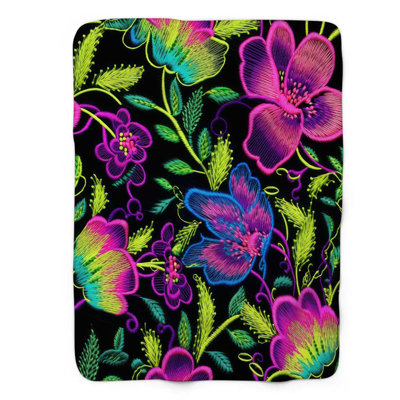 Neon Threaded Blooms - 1 Piece Premium Sherpa Blan Throw Blanket