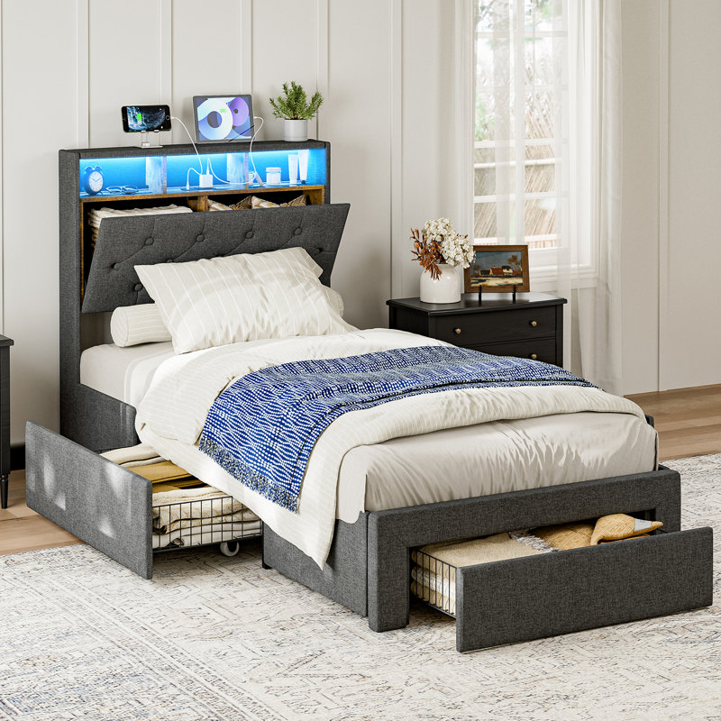 Twin Xl Bed Frames With Storage Drawers, Hidden Storage Headboard With Led Lights & Charging Station, Upholstered Twin Xl Platform Bed, Solid Wood Slats, No Box Spring Needed