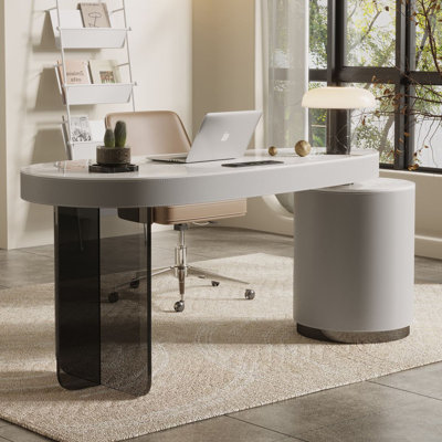 Bureau rectangulaire blanc et gris en bois massif + pierre frittée avec 3 tiroirs