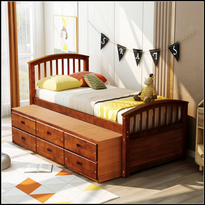 Lit plateforme en bois massif avec 6 tiroirs, parfait pour les enfants et les intérieurs modernes, durable et écologique.