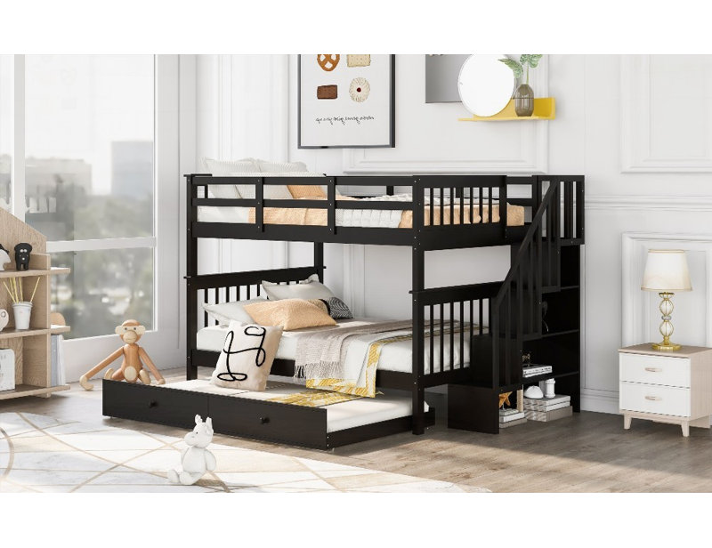 Lit superposé double avec lit gigogne simple, rangement et amp; Barrière de sécurité - aucun sommier nécessaire, finition espresso durable
