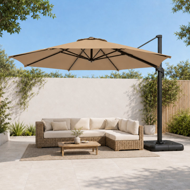 Parasol en porte-à-faux décalé en aluminium avec pivotement et inclinaison à 360 °, parasol de patio extérieur 10 pi avec manivelle et auvent ventilé, base vendue séparément