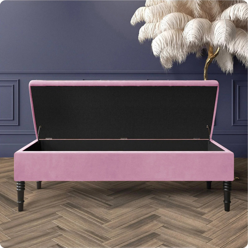 Safar Plain Upholstered Plush Velvet Ottoman Storage Bench with Black Turned Wooden Legs, Pink, 40cm H x 137cm W x 40cm D