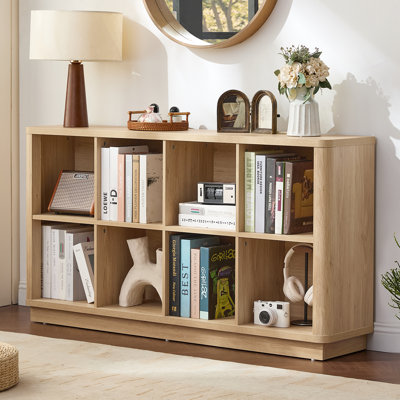 8 Cube Storage Book Shelf, 52" Long Horizontal Bookshelf with Curved Edge, Floor Standing Wooden Cubby Bookcase with Base, Modern Low Console Book Case, TV Stand for Living Room