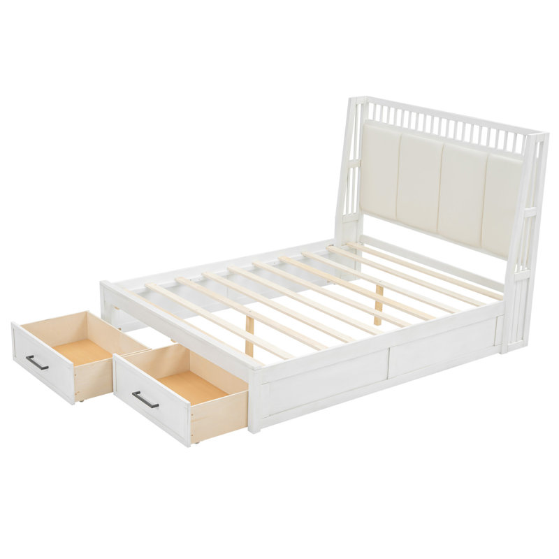 Bed With Upholstered Headboard And 2 Drawers, Queen, White