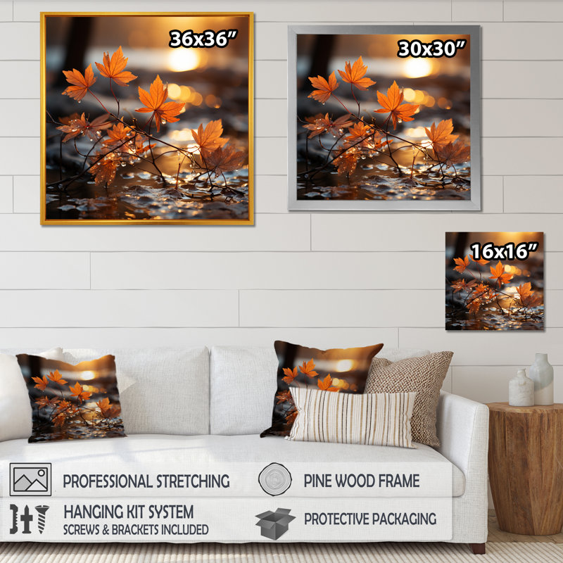 «Orange Autumn Maple Leaves I - Lake», art mural sur toile, H 30 po x l 30 po x P 1,5 po, Cadre flottant brun