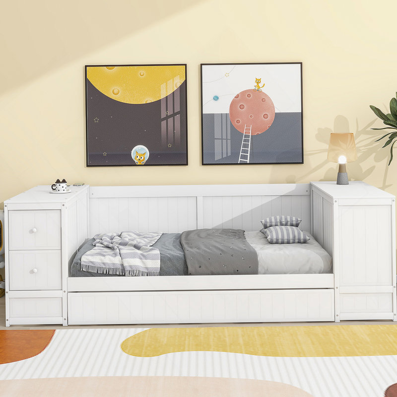 Daybed With Storage Arms,Trundle And Charging Station, White