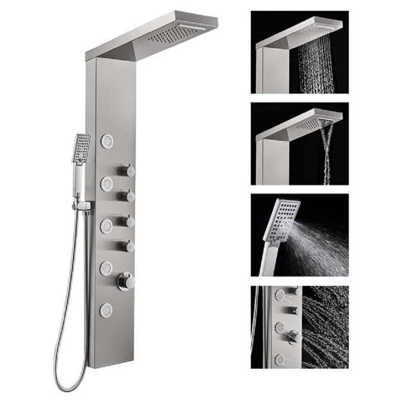 Marseille Shower Panel Tower, Rainfall Waterfall Shower Head, 5 Body Jets and 3-Function Handheld Shower, Rain Massage System, Wall-Mount Shower Column, Stainless Steel Brushed