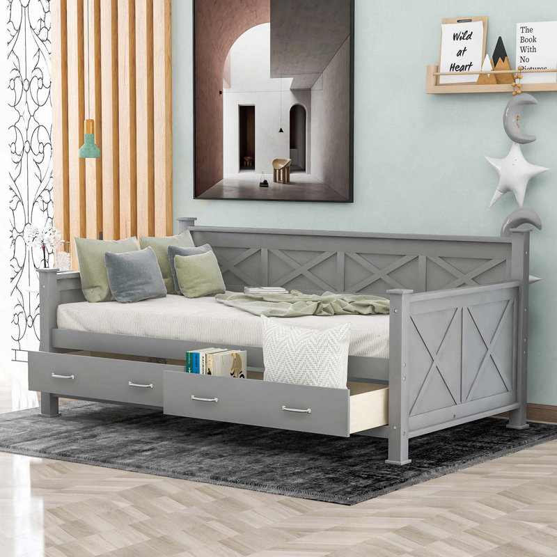 Lit de jour moderne de style rustique avec tablettes de rangement et tiroir, Gris