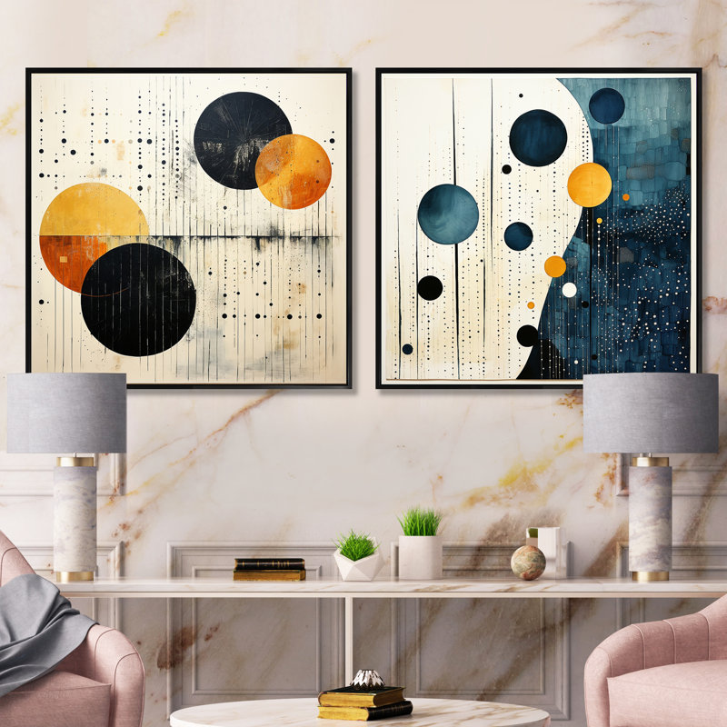 Ensemble de 2 collages carrés sarcelle orange Mid Century Minimalist Oasis, Cadre flottant noir, H 36 po x l 73 po