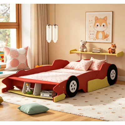 Lit plateforme pleine grandeur en forme de voiture de course avec roues, durable et sécuritaire pour les chambres d'enfants