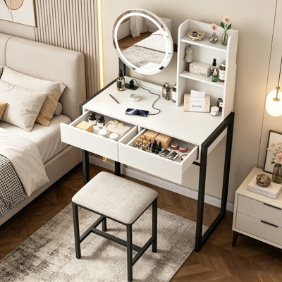 Makeup Vanity Set with LED Mirror Stool and Power Outlet for Bedroom