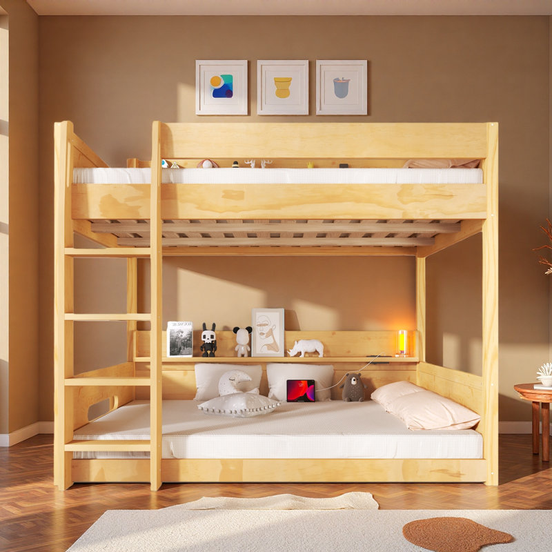 Lit superposé grand sur grand avec tablettes de rangement, ports USB et barrières de sécurité, Blanc