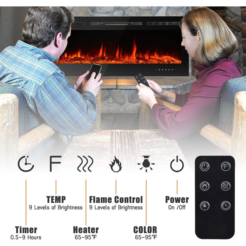Wall-Mounted Electric Fireplace Insert With Remote Control And Touch Screen,Black – Electric Fireplace Insert / Metal & Glass / Modern