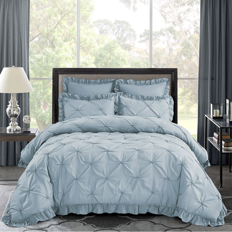 Ensemble d'édredon 5 pièces princesse romantique Pintuck, Édredon pour lit très grand + quatre taies déco, Bleu brouillard