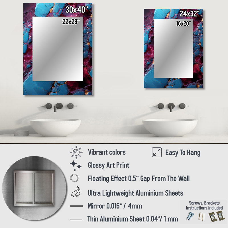 Miroir décoratif bleu et mauve, 32 po x 24 po